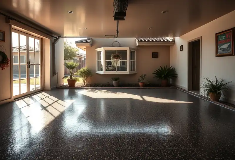Illustration of garage floor with a glossy flake epoxy coating in a 1981-era home