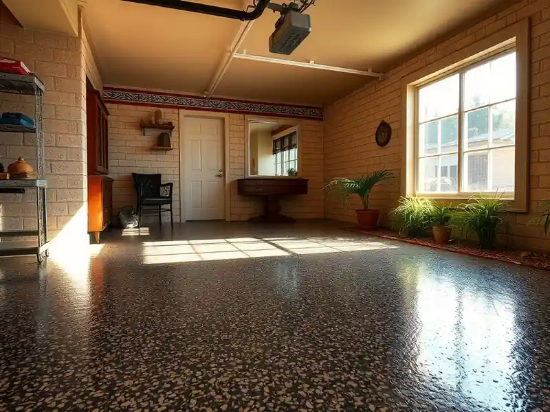 Illustration of close-up of materials and finishes of garage floor with a glossy flake epoxy coating in a 1981-era home