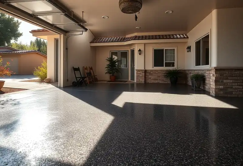 Illustration of garage floor with a glossy flake epoxy coating in a 1981-era home