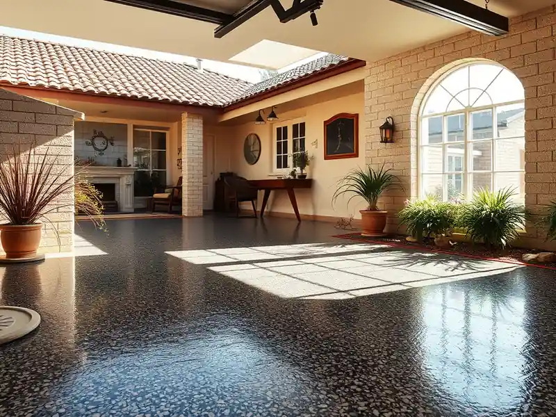 Illustration of close-up of materials and finishes of garage floor with a glossy flake epoxy coating in a 1981-era home