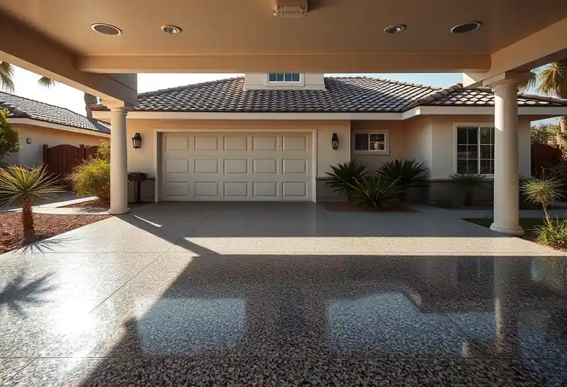Illustration of garage floor with a glossy flake epoxy coating in a 1981-era home