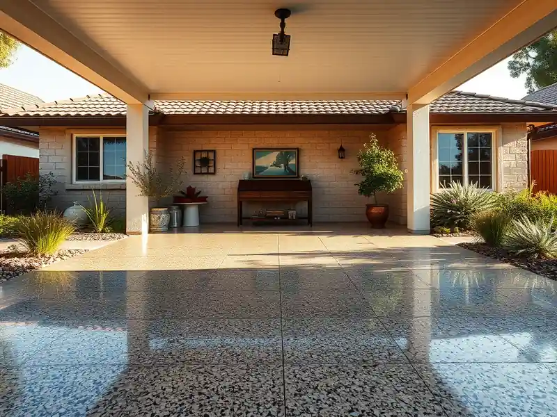 Illustration of close-up of materials and finishes of garage floor with a glossy flake epoxy coating in a 1981-era home
