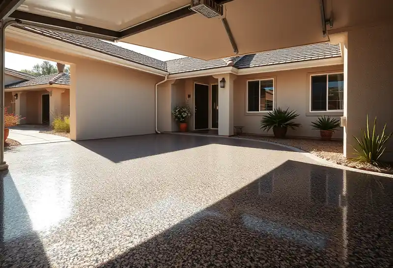 Illustration of garage floor with a glossy flake epoxy coating in a 1981-era home