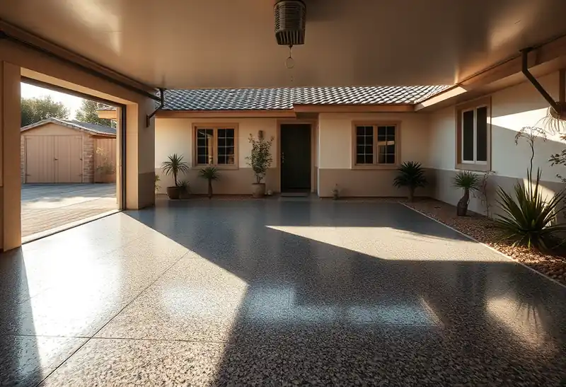 Illustration of garage floor with a glossy flake epoxy coating, as found in 1981-era homes