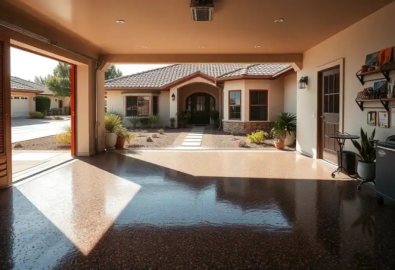 Illustration of garage floor with a glossy flake epoxy coating in a 1981-era home