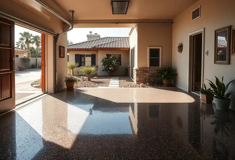 Illustration of garage floor with a glossy flake epoxy coating in a 1981-era home
