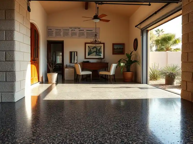 Illustration of close-up of materials and finishes of garage floor with a glossy flake epoxy coating in a 1981-era home
