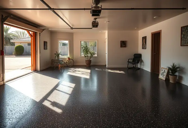 Illustration of garage floor with a glossy flake epoxy coating in a 1981-era home