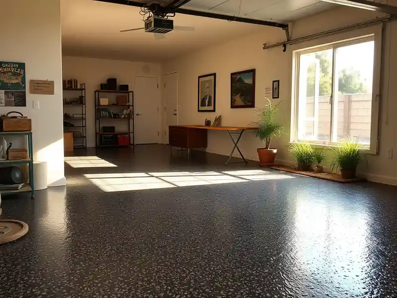 Illustration of close-up of materials and finishes of garage floor with a glossy flake epoxy coating in a 1981-era home