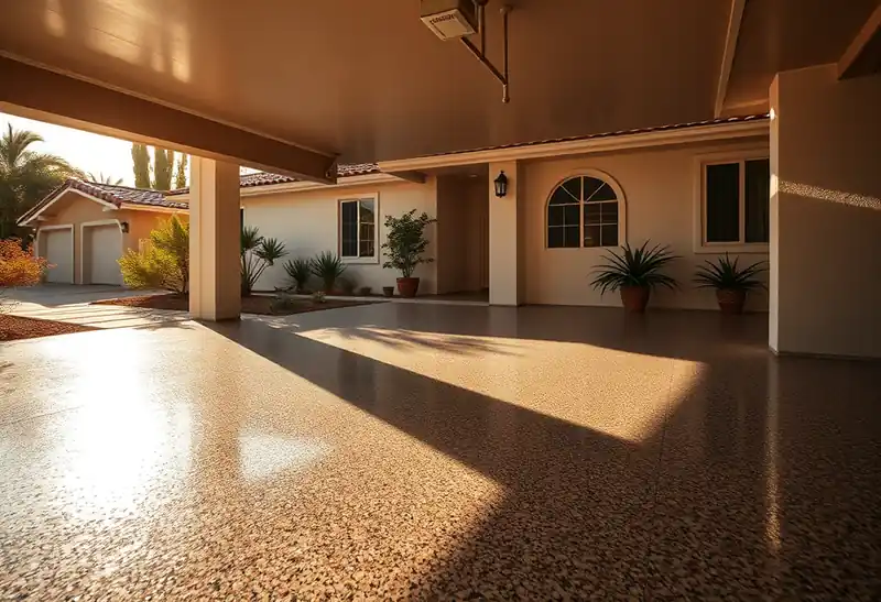Illustration of garage floor with a glossy flake epoxy coating in a 1981-era home