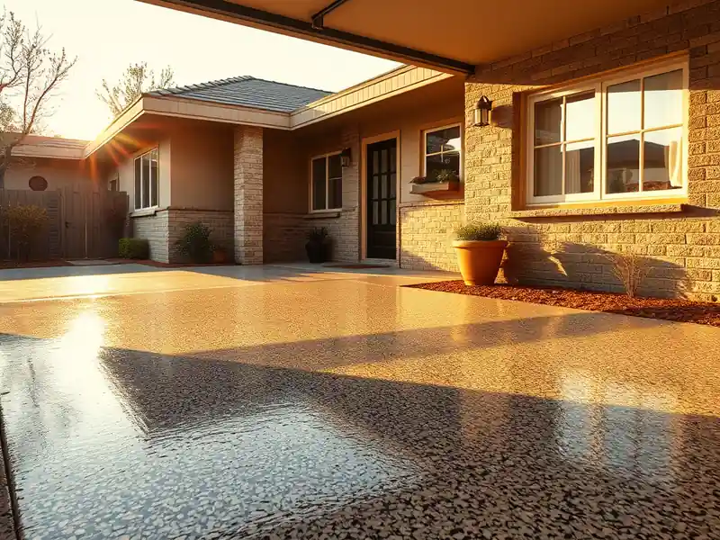 Illustration of close-up of materials and finishes of garage floor with a glossy flake epoxy coating in a 1981-era home