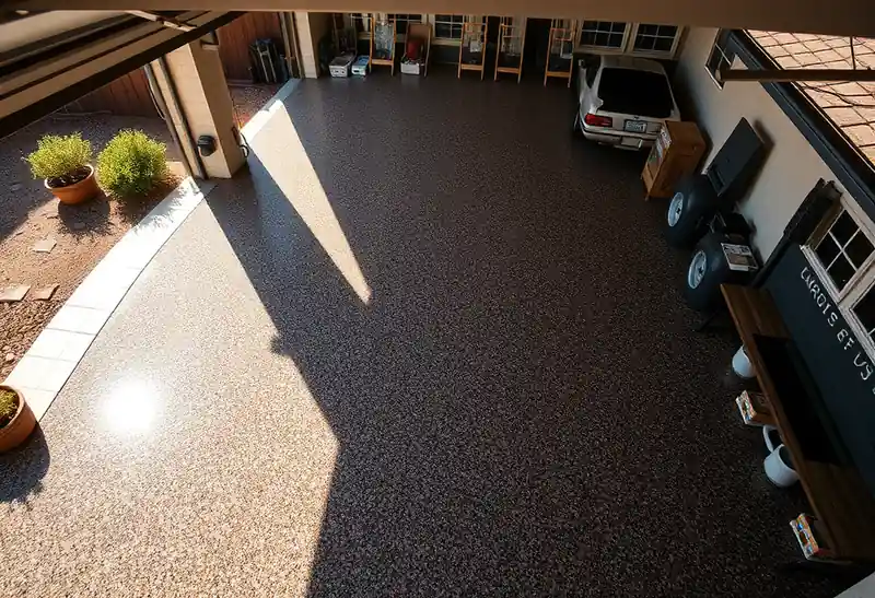 Illustration of garage floor with a glossy flake epoxy coating in a 1981-era home