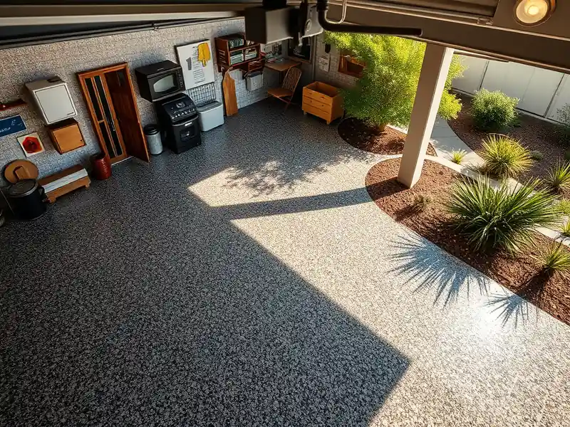 Illustration of close-up of materials and finishes of garage floor with a glossy flake epoxy coating in a 1981-era home